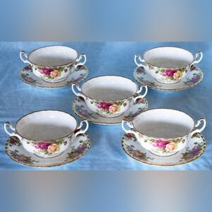 Royal Albert Old Country Roses Two-Handled Cream Soup Bowls W/ Saucers